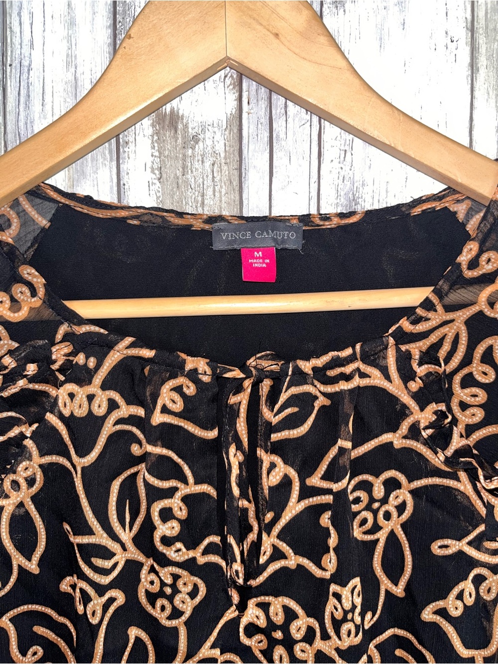 Vince Camuto Black Brown Floral Ruffle Blouse Balloon Sleeve M - Picture 6 of 6